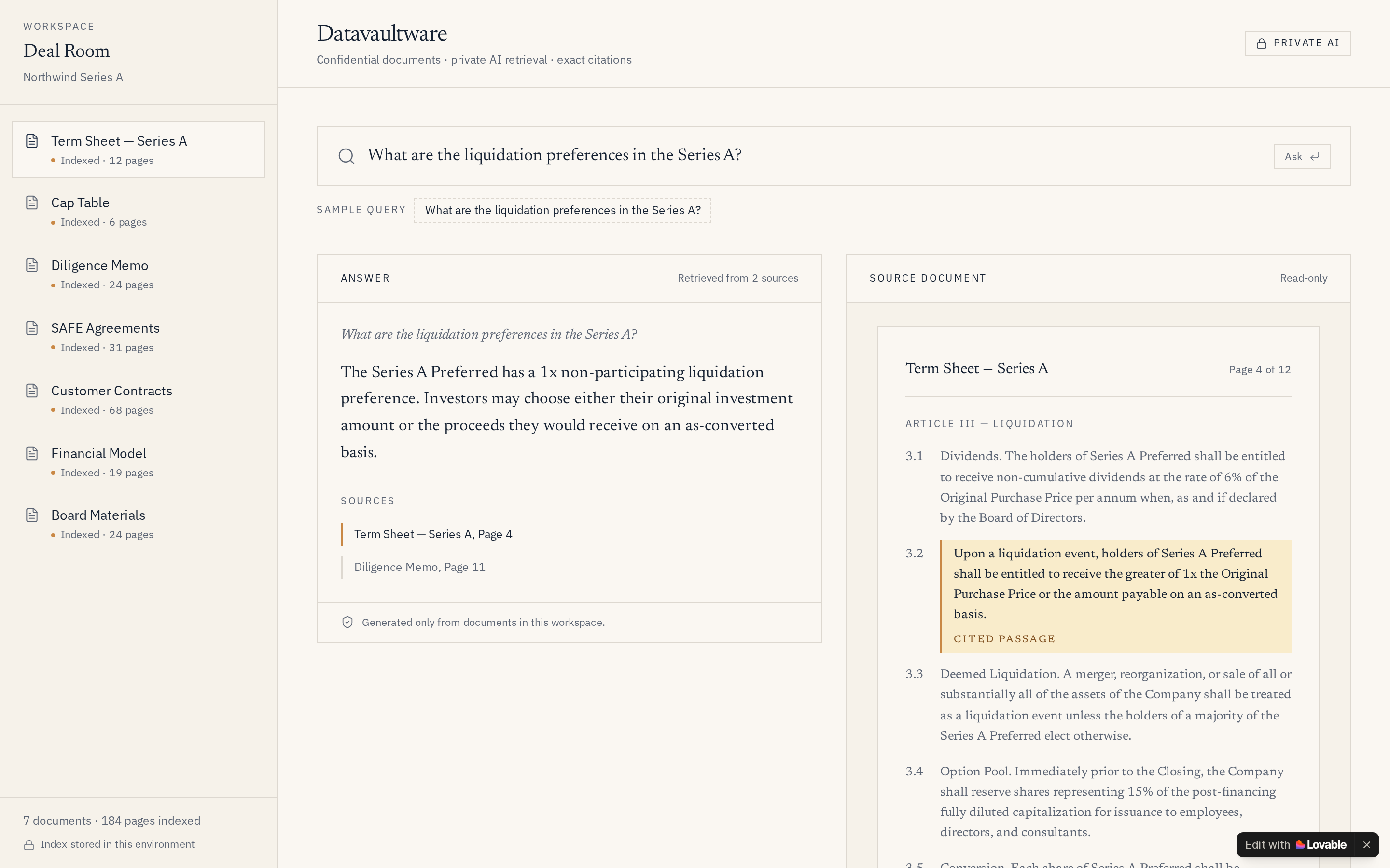 Datavaultware deal-room Q&A screenshot